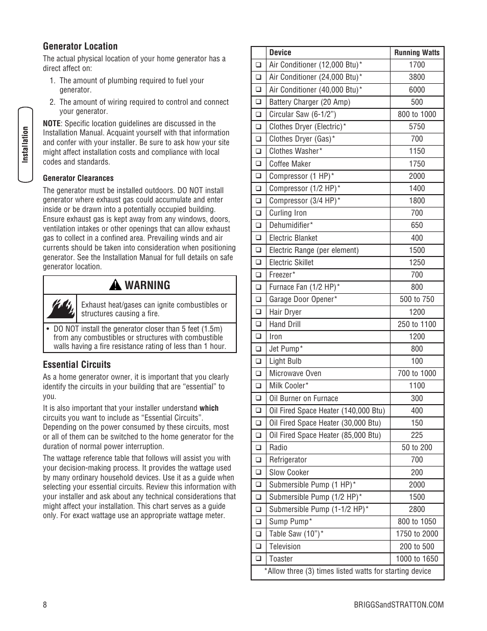Warning | Briggs & Stratton Liquid-Cooled Home Generator System User Manual | Page 8 / 68