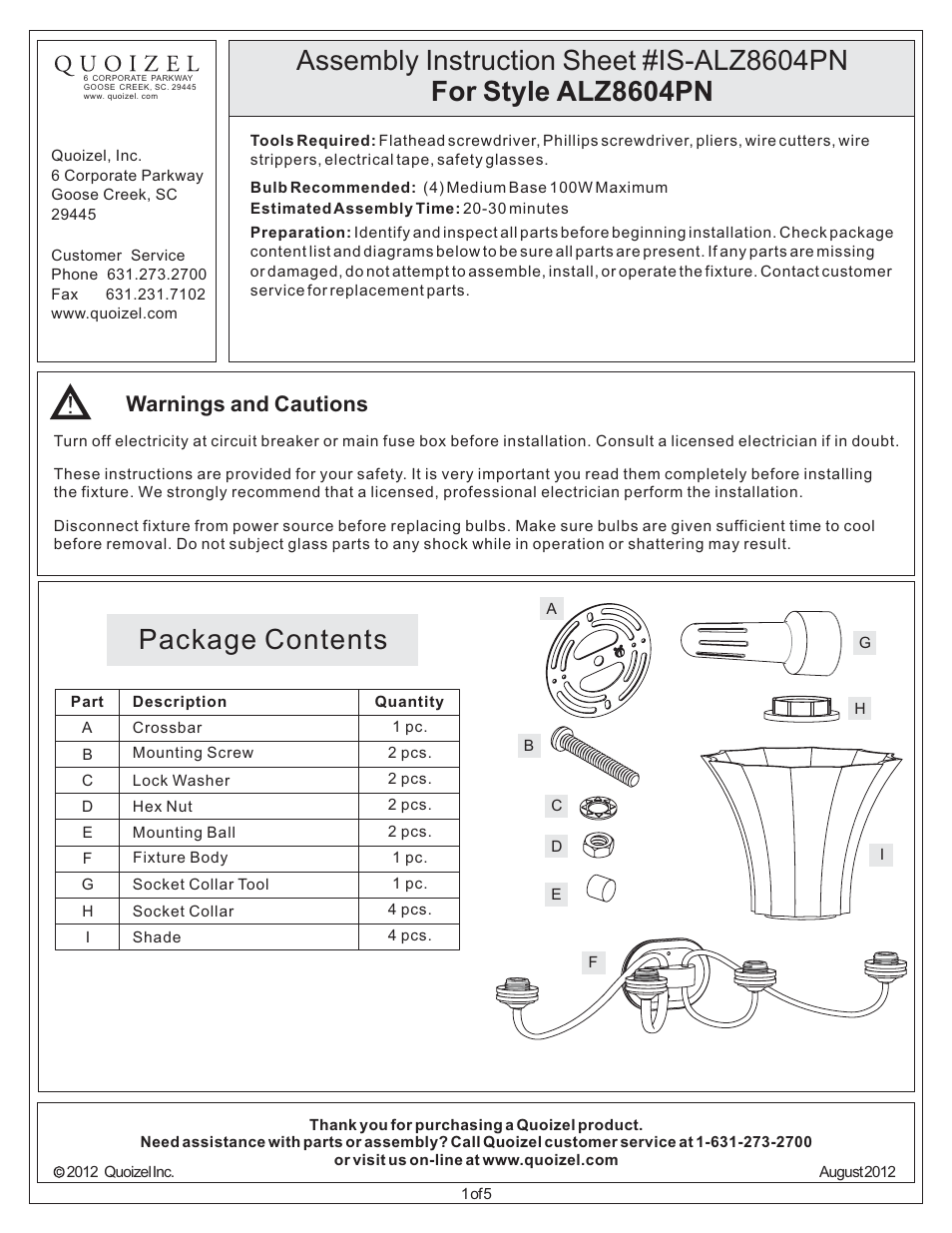 Quoizel ALZ8604PN Aliza User Manual | 5 pages