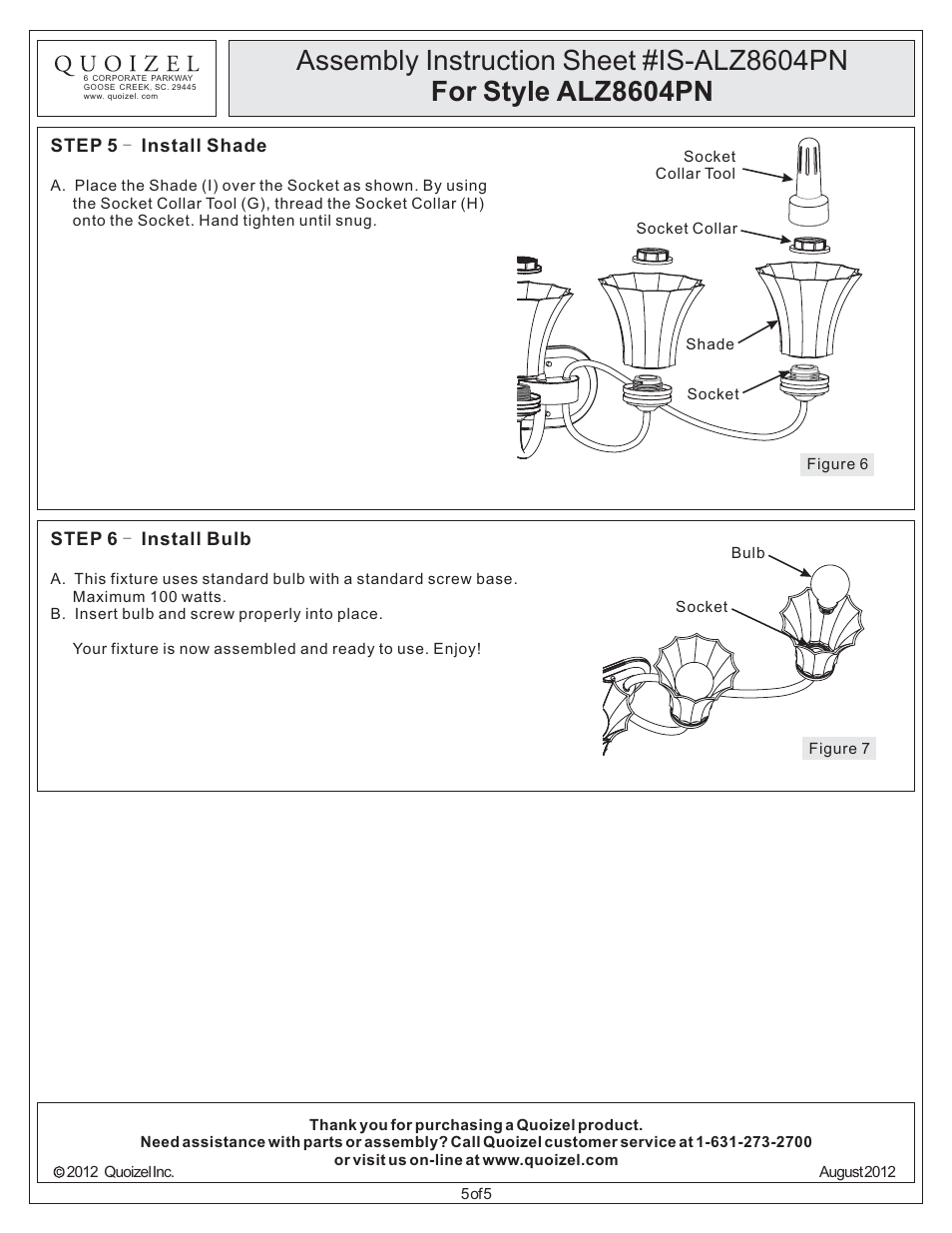 Quoizel ALZ8604PN Aliza User Manual | Page 5 / 5