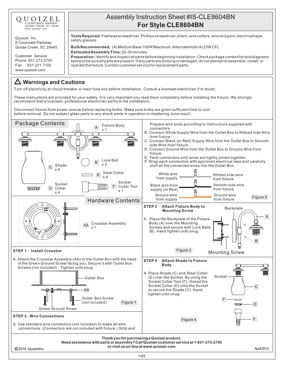 Quoizel CLE8604BN Clarke User Manual | 2 pages