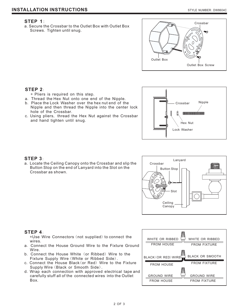 Installation instructions, Step 1, Step 2 | Step 3, Step 4 | Quoizel DW8604C Downtown User Manual | Page 2 / 3