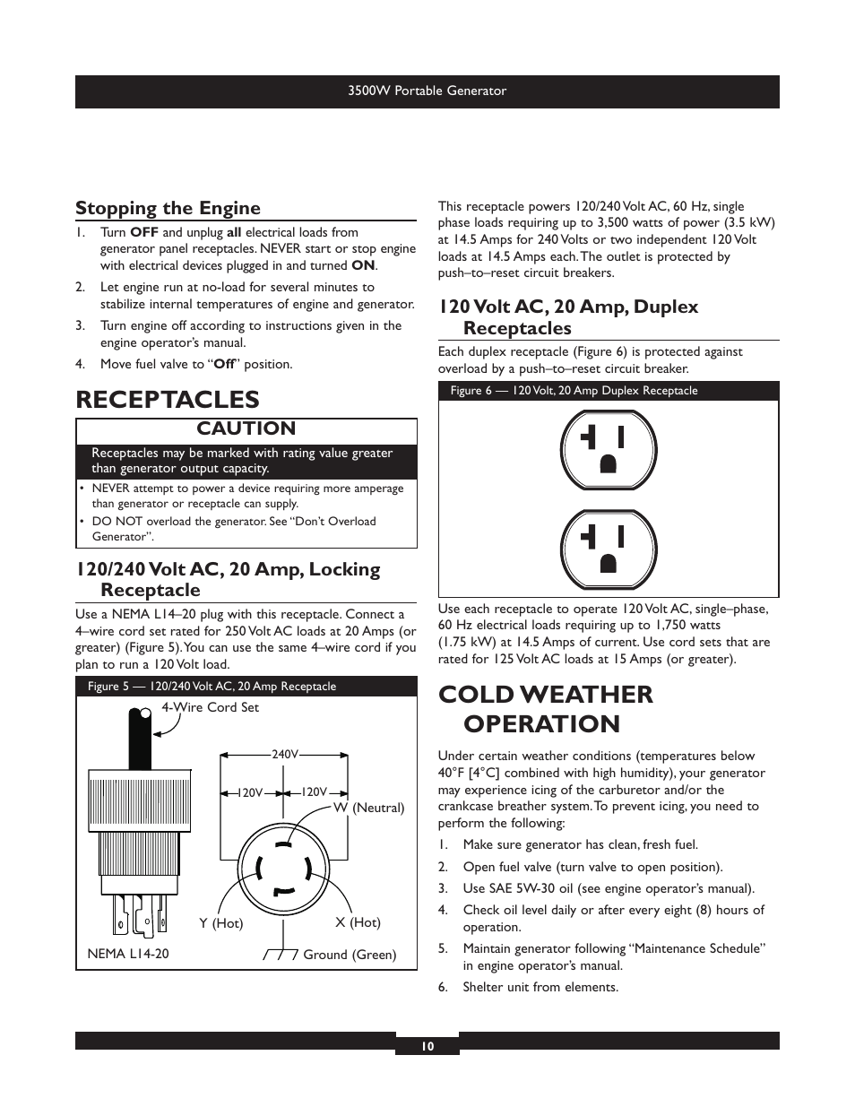 Receptacles, Cold weather operation, Stopping the engine | Caution | Briggs & Stratton Elite 030208 User Manual | Page 10 / 32