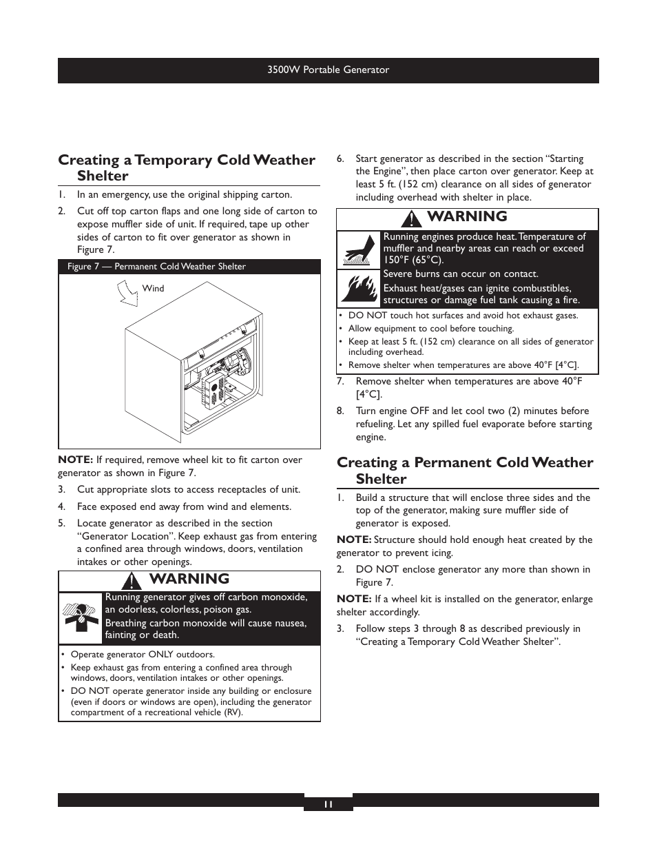 Creating a temporary cold weather shelter, Creating a permanent cold weather shelter, Warning | Briggs & Stratton Elite 030208 User Manual | Page 11 / 32