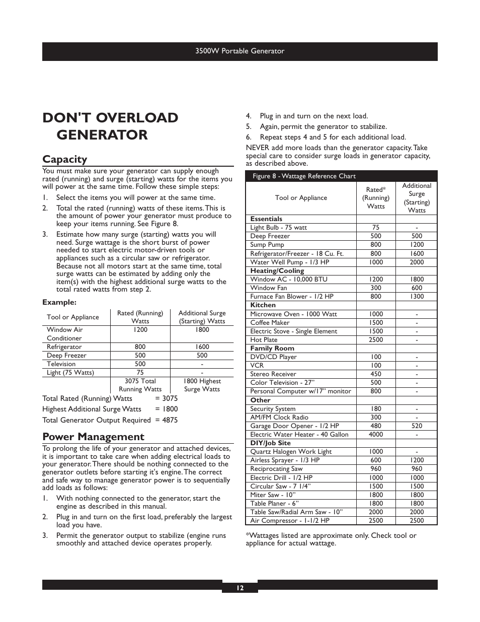 Don't overload generator, Capacity, Power management | Briggs & Stratton Elite 030208 User Manual | Page 12 / 32
