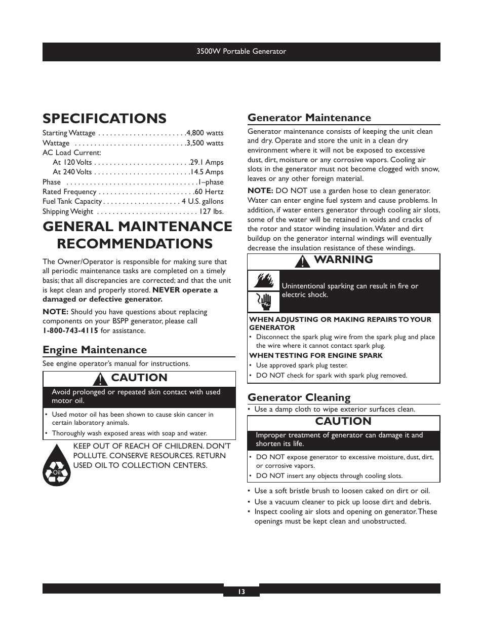 Specifications, General maintenance recommendations, Engine maintenance | Generator maintenance, Generator cleaning, Caution, Warning | Briggs & Stratton Elite 030208 User Manual | Page 13 / 32