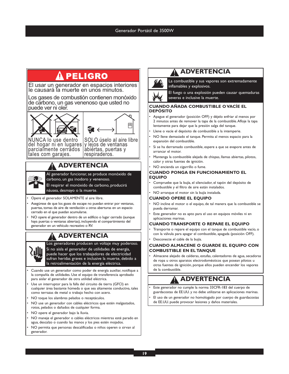 Advertencia | Briggs & Stratton Elite 030208 User Manual | Page 19 / 32