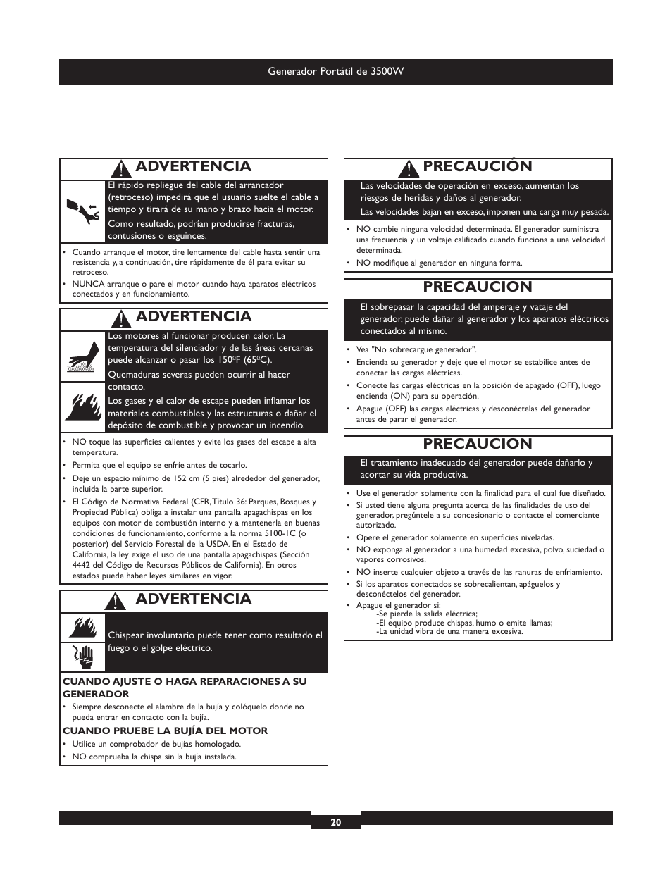 Precaución, Advertencia | Briggs & Stratton Elite 030208 User Manual | Page 20 / 32