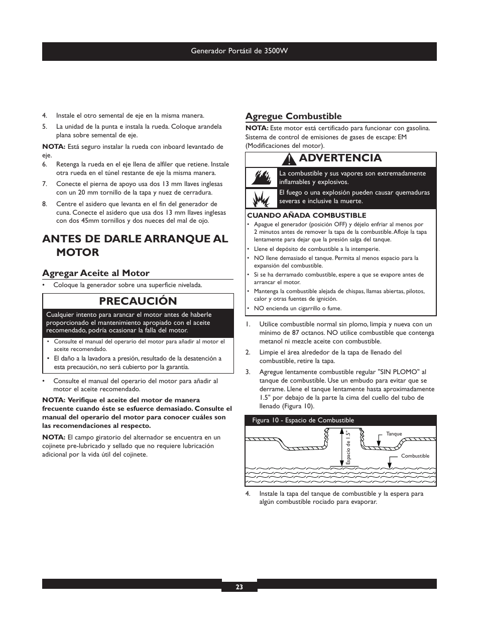 Antes de darle arranque al motor, Precaución, Advertencia | Agregar aceite al motor, Agregue combustible | Briggs & Stratton Elite 030208 User Manual | Page 23 / 32