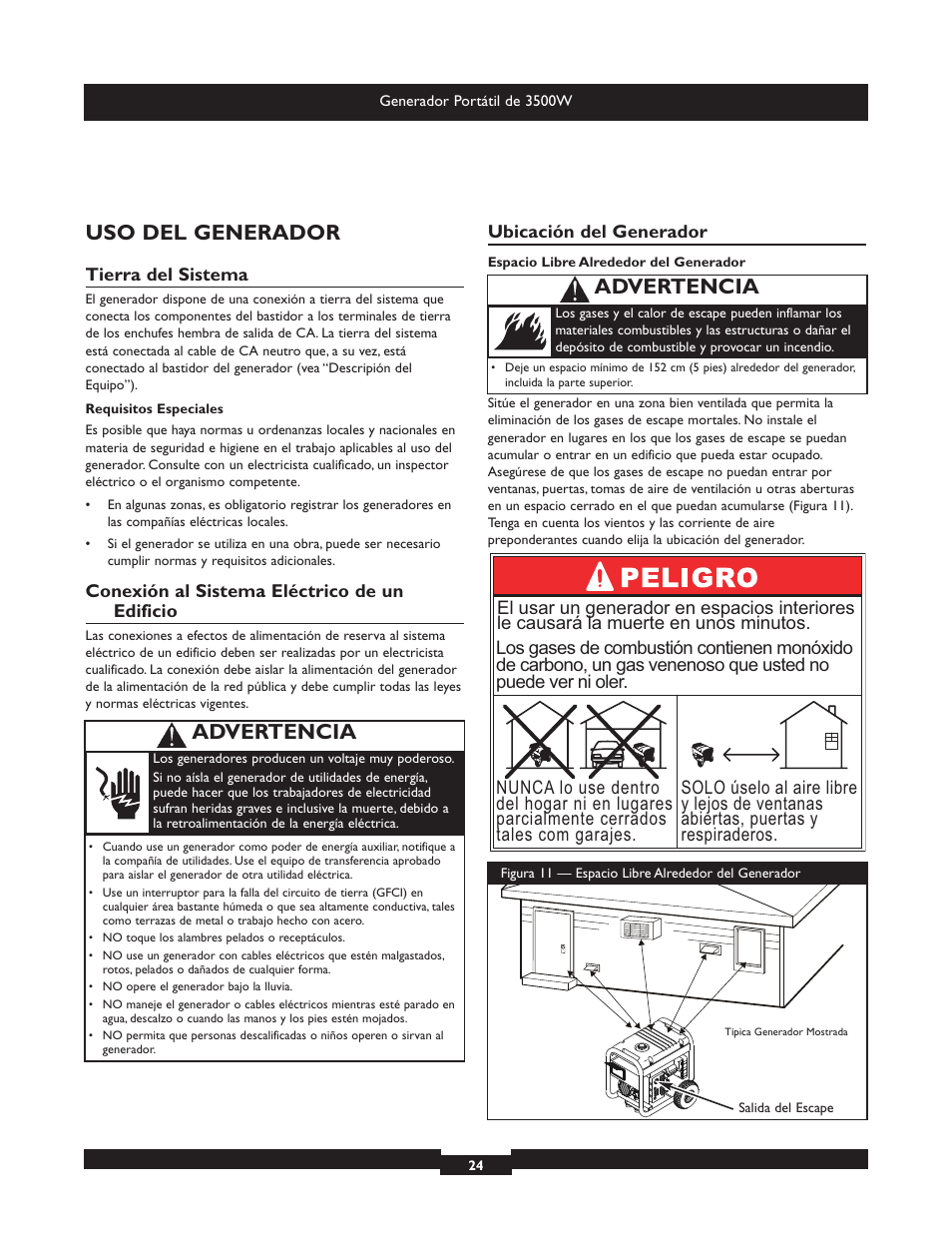 Uso del generador, Advertencia | Briggs & Stratton Elite 030208 User Manual | Page 24 / 32