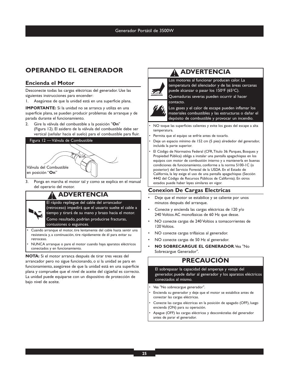 Operando el generador, Precaución, Advertencia | Encienda el motor, Conexion de cargas electricas | Briggs & Stratton Elite 030208 User Manual | Page 25 / 32