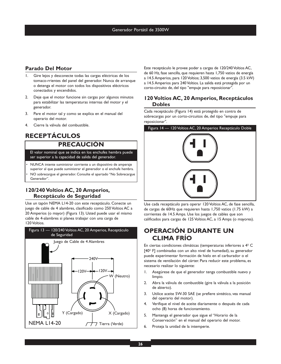 Receptáculos, Operación durante un clima frío, Precaución | Briggs & Stratton Elite 030208 User Manual | Page 26 / 32