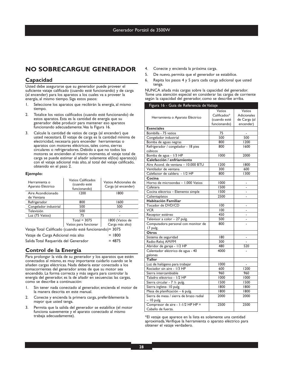 No sobrecargue generador, Capacidad, Control de la energía | Briggs & Stratton Elite 030208 User Manual | Page 28 / 32