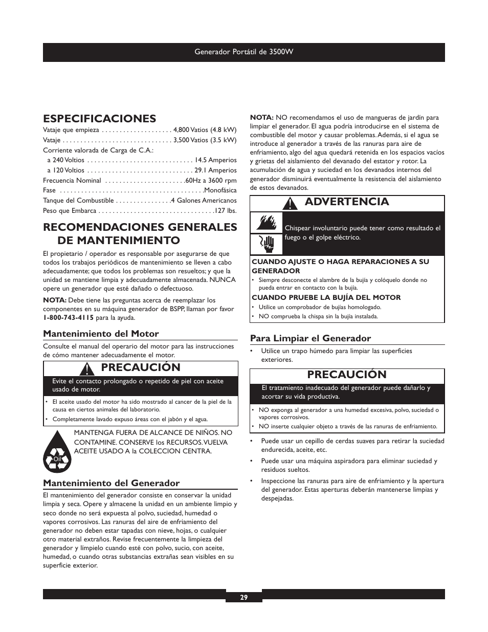 Especificaciones, Recomendaciones generales de mantenimiento, Precaución | Advertencia | Briggs & Stratton Elite 030208 User Manual | Page 29 / 32