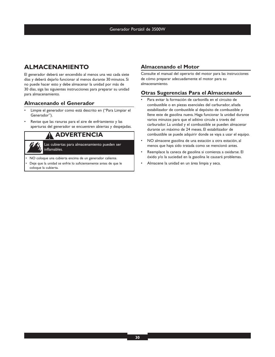 Almacenamiento, Advertencia | Briggs & Stratton Elite 030208 User Manual | Page 30 / 32