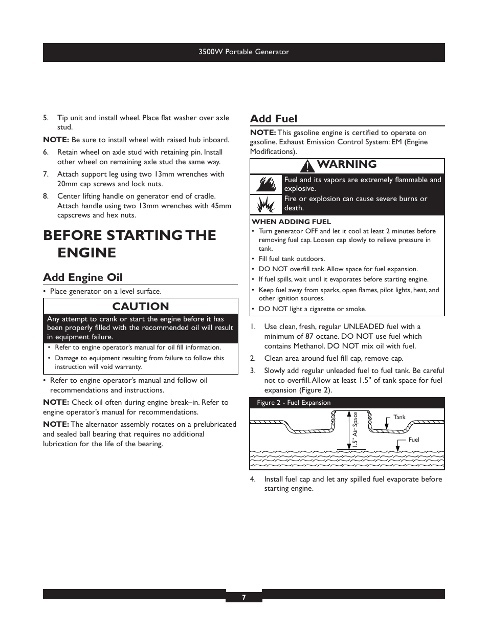 Before starting the engine, Add engine oil, Add fuel | Caution, Warning | Briggs & Stratton Elite 030208 User Manual | Page 7 / 32