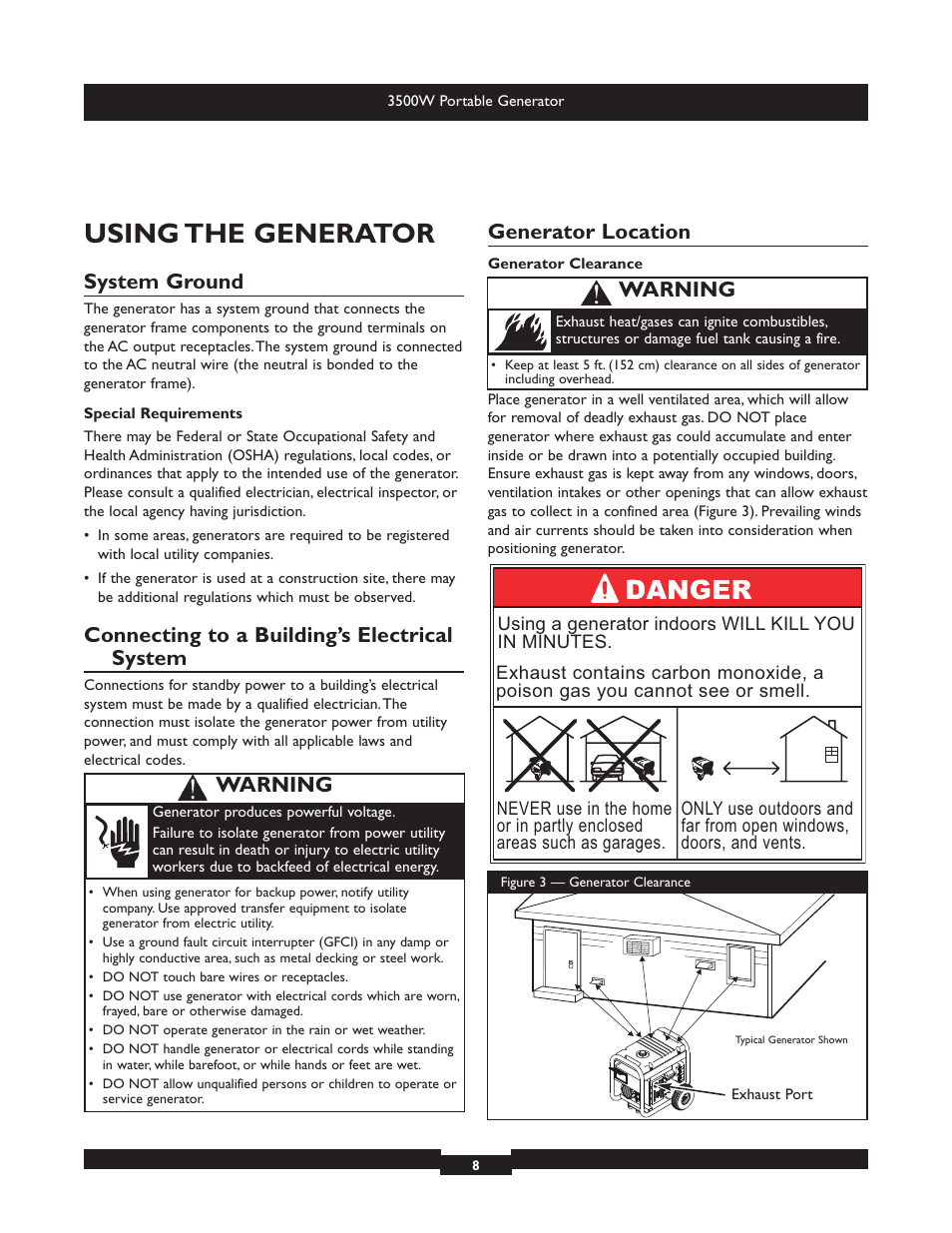 Using the generator, System ground, Connecting to a building’s electrical system | Generator location, Warning | Briggs & Stratton Elite 030208 User Manual | Page 8 / 32