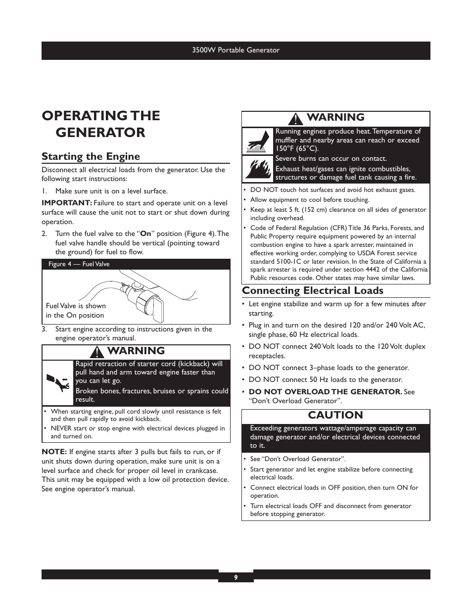 Operating the generator, Starting the engine, Connecting electrical loads | Caution, Warning | Briggs & Stratton Elite 030208 User Manual | Page 9 / 32