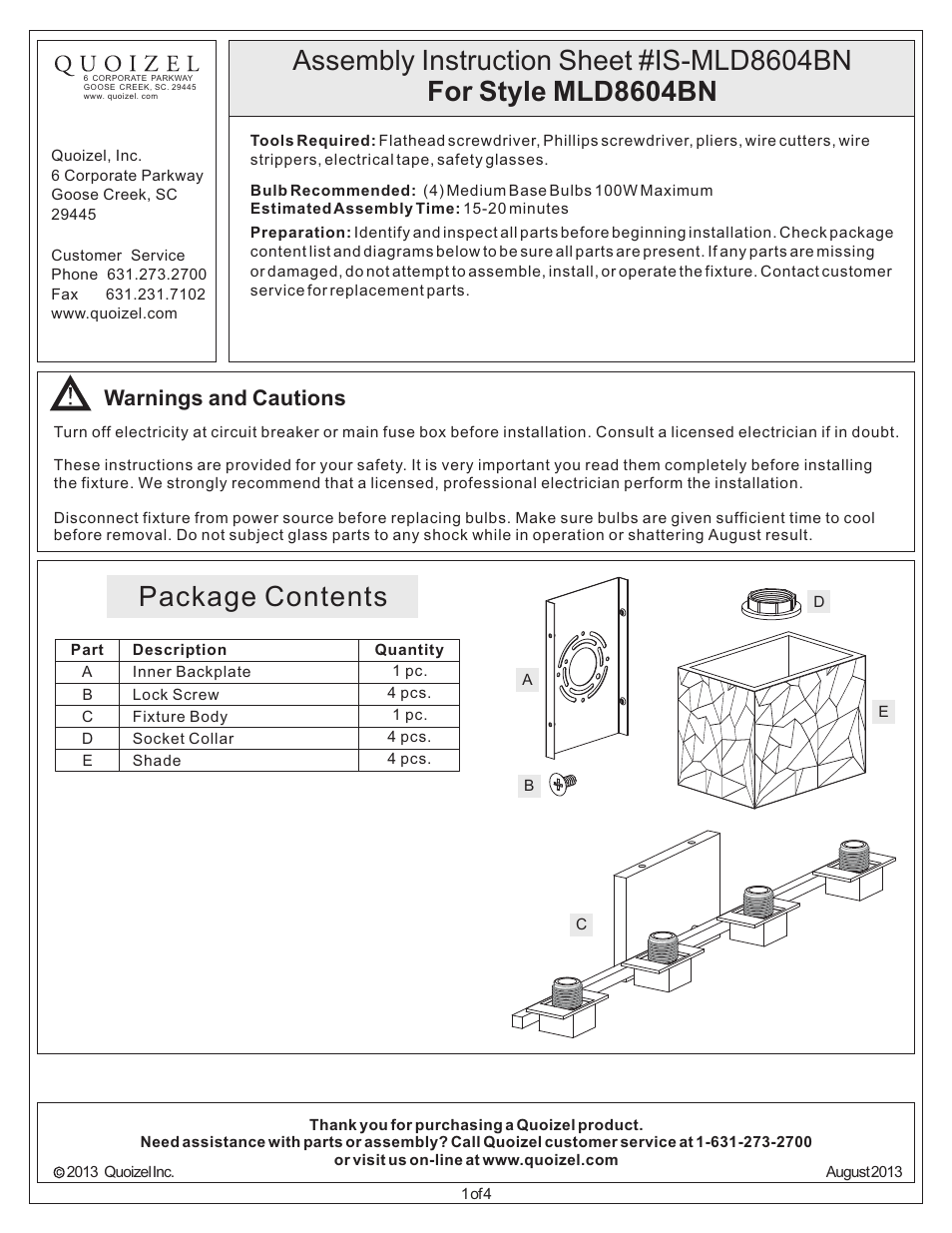 Quoizel MLD8604BN Melody User Manual | 4 pages