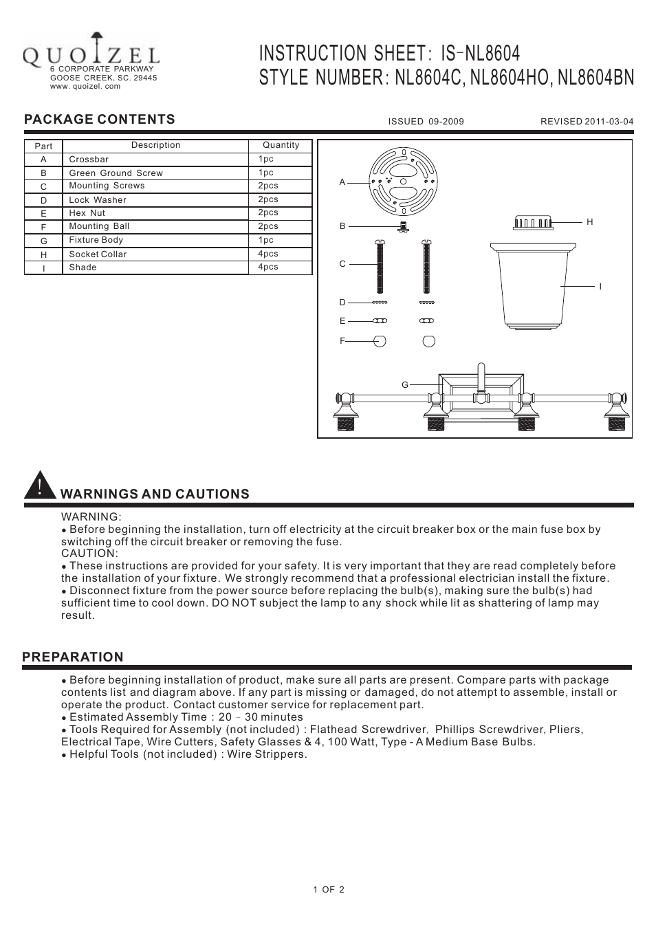 Quoizel NL8604BN Nicholas User Manual | 2 pages