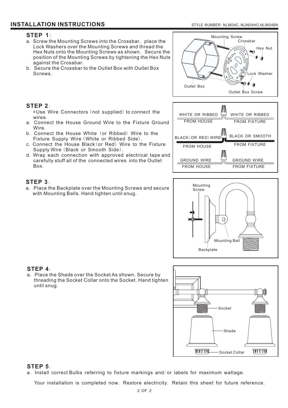 Step 1, Installation instructions, Step 2 | Step 3, Step 4, Step 5 | Quoizel NL8604BN Nicholas User Manual | Page 2 / 2