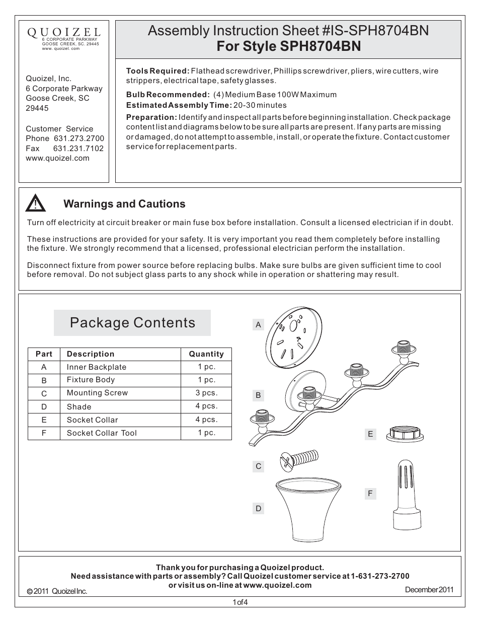 Quoizel SPH8704BN User Manual | 4 pages