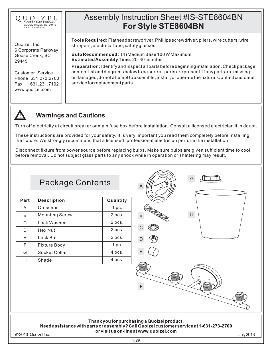 Quoizel STE8604BN Stowe User Manual | 5 pages