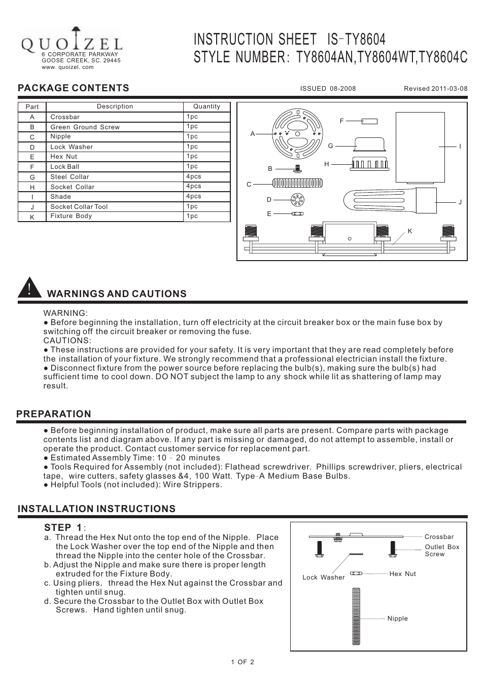 Quoizel TY8604AN Taylor User Manual | 2 pages