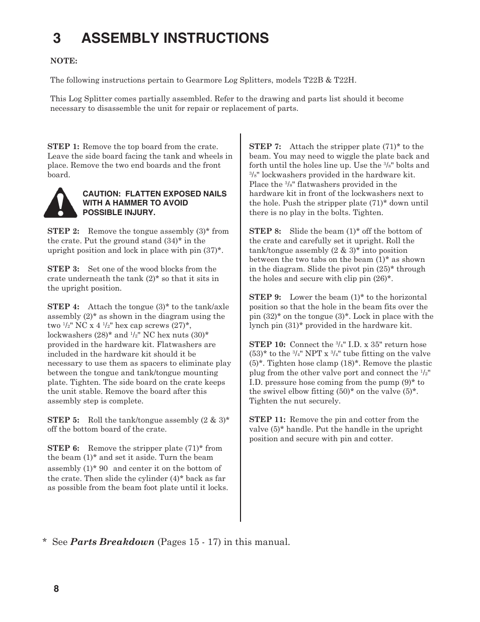 3 assembly instructions, See parts breakdown (pages 15 - 17) in this manual | Briggs & Stratton T22B & T22H User Manual | Page 10 / 20