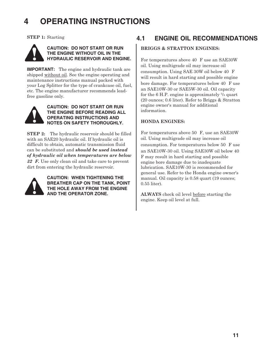 4 operating instructions, 1 engine oil recommendations | Briggs & Stratton T22B & T22H User Manual | Page 13 / 20