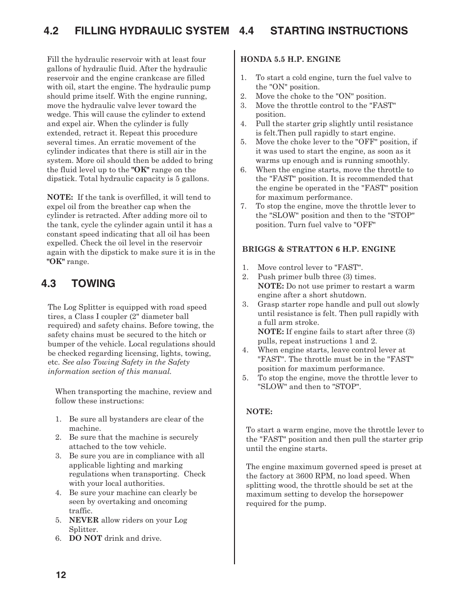 4 starting instructions, 3 towing, 2 filling hydraulic system | Briggs & Stratton T22B & T22H User Manual | Page 14 / 20