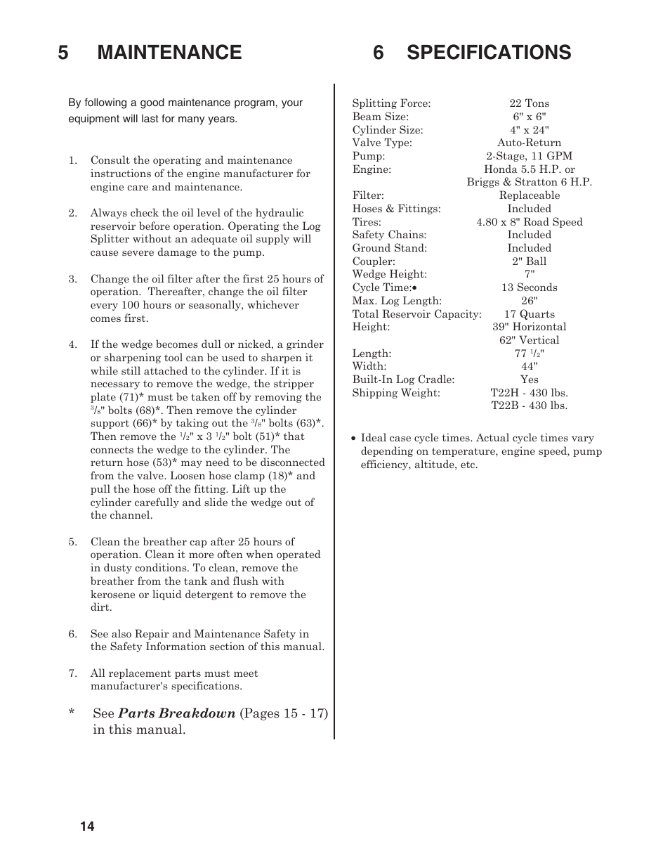 5 maintenance 6 specifications | Briggs & Stratton T22B & T22H User Manual | Page 16 / 20