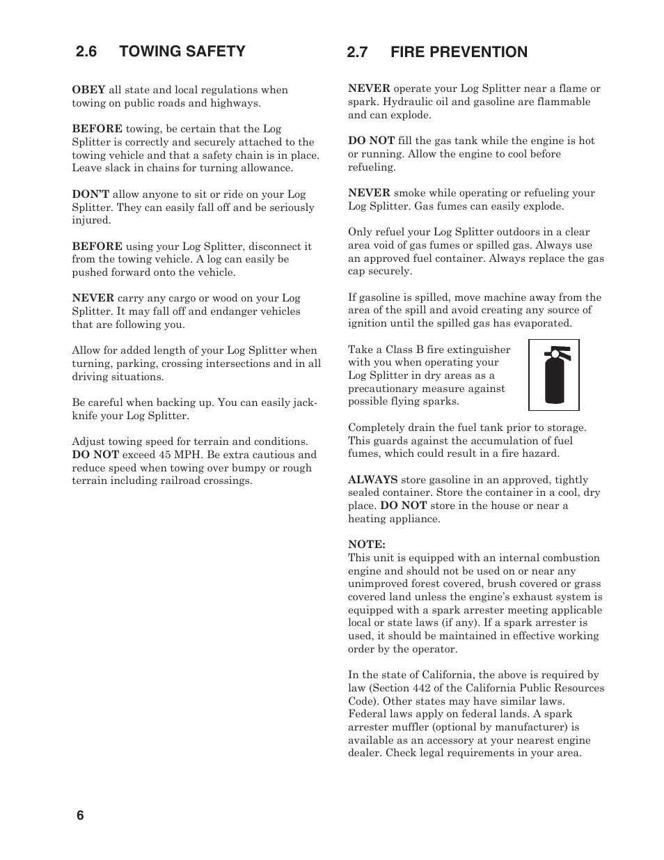 6 towing safety, 7 fire prevention | Briggs & Stratton T22B & T22H User Manual | Page 8 / 20