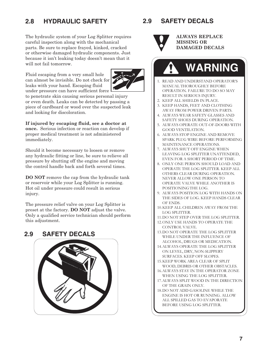 Warning, 8 hydraulic safety, 9 safety decals | Briggs & Stratton T22B & T22H User Manual | Page 9 / 20
