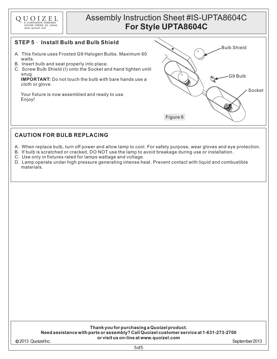 Quoizel UPTA8604C Uptown 3rd Ave User Manual | Page 5 / 5