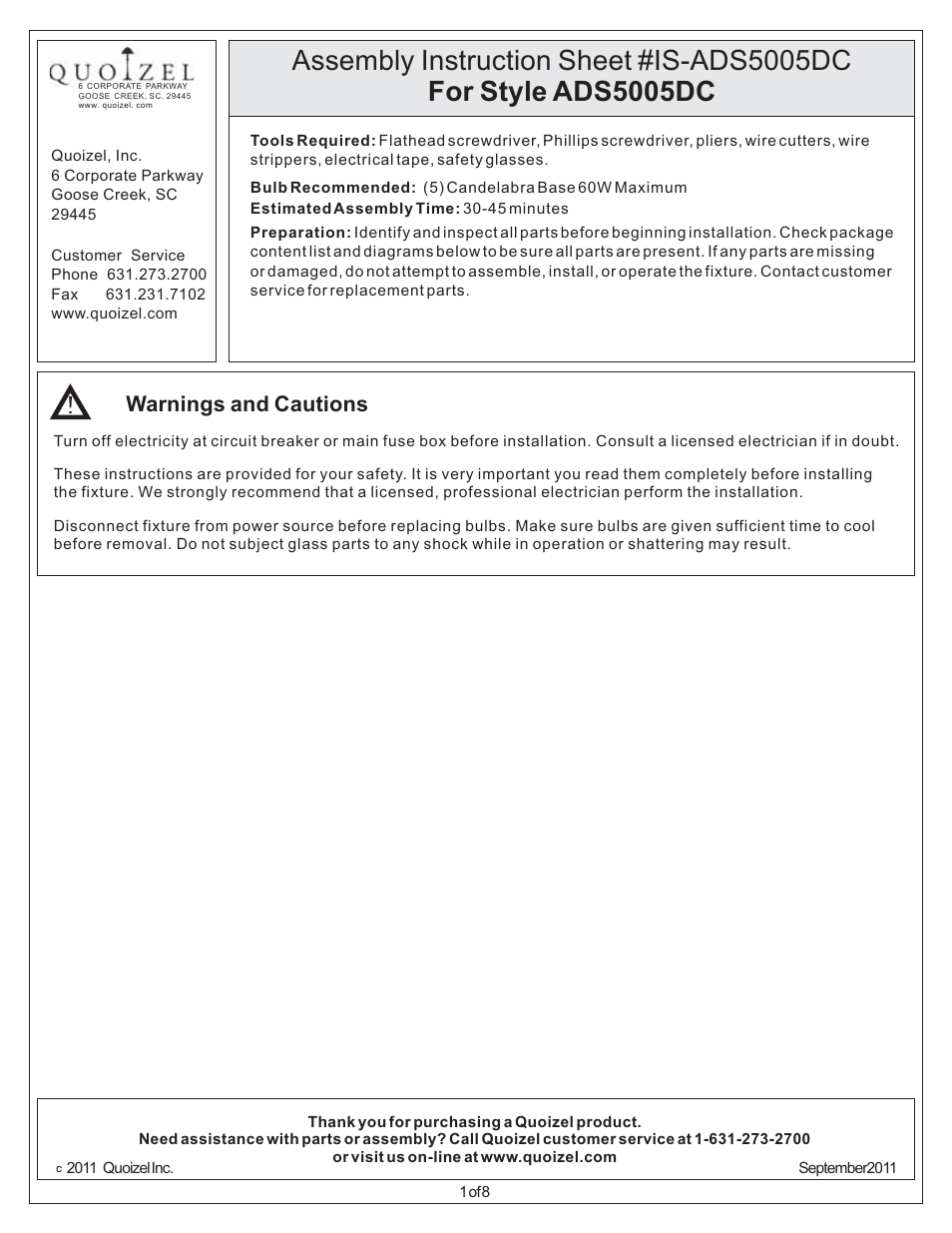 Quoizel ADS5005DC Adonis User Manual | 8 pages