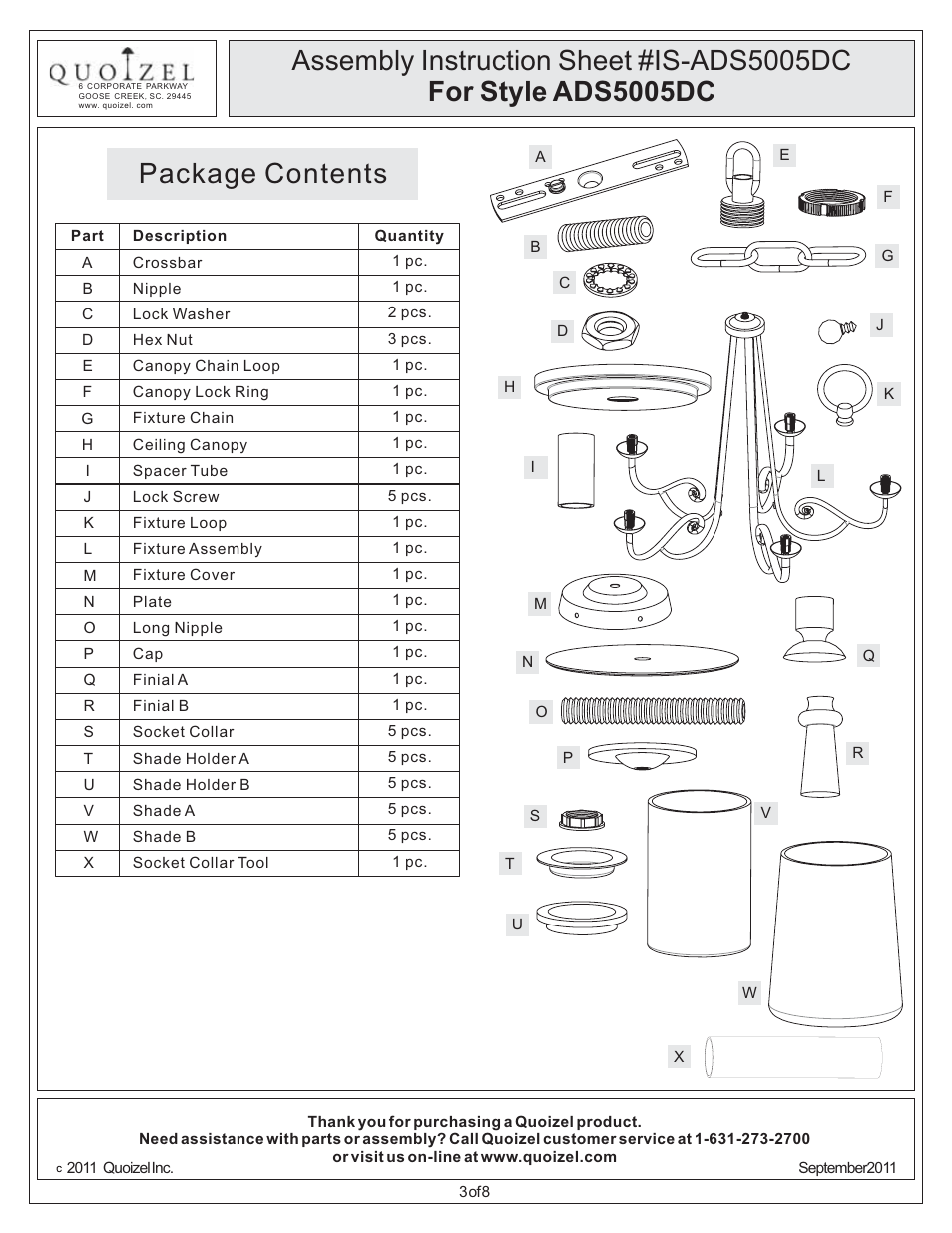 Package contents | Quoizel ADS5005DC Adonis User Manual | Page 3 / 8