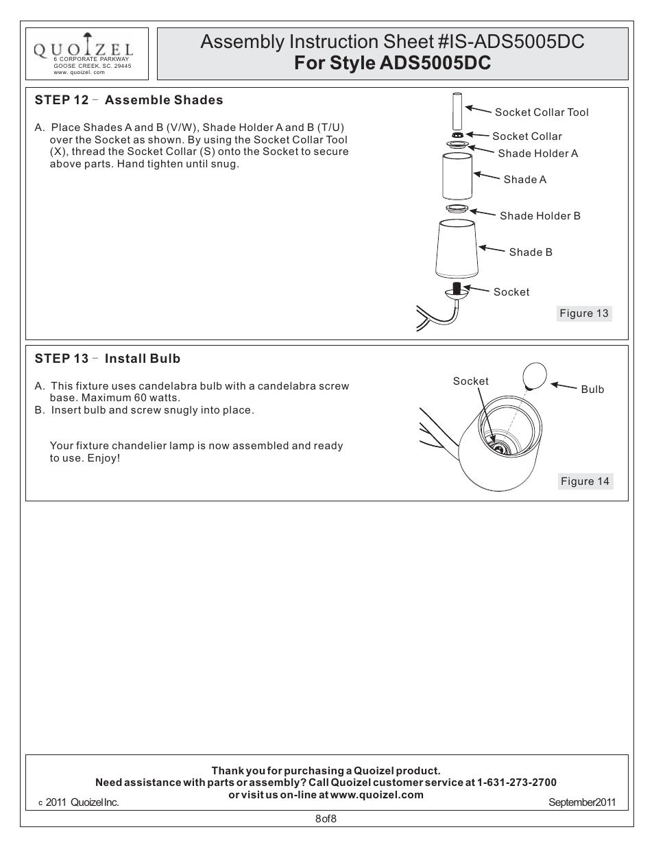 Quoizel ADS5005DC Adonis User Manual | Page 8 / 8