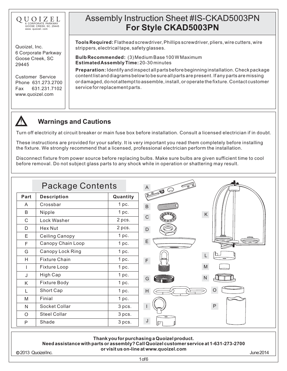 Quoizel CKAD5003PN Aldora User Manual | 6 pages