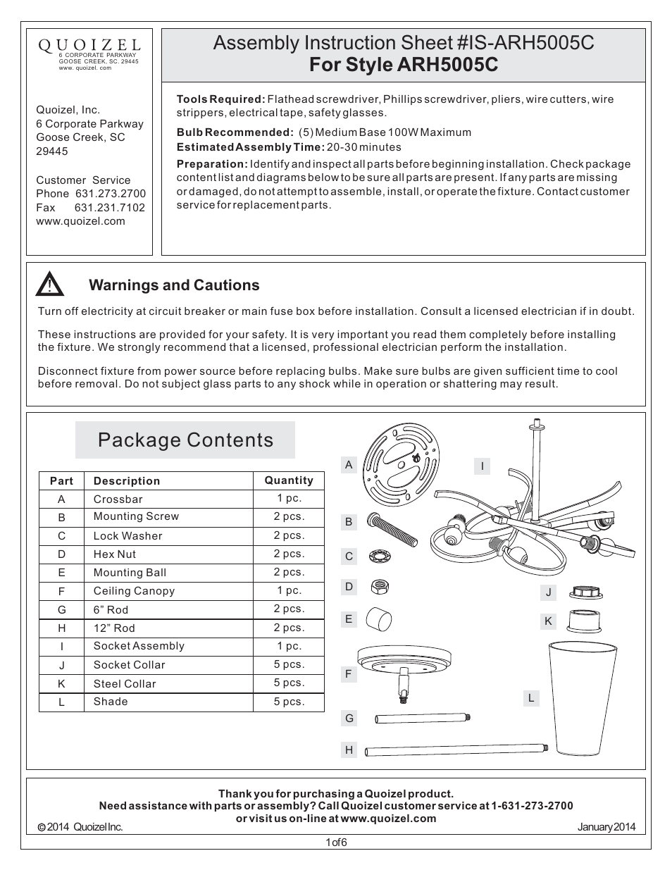 Quoizel ARH5005C Aldrich User Manual | 6 pages