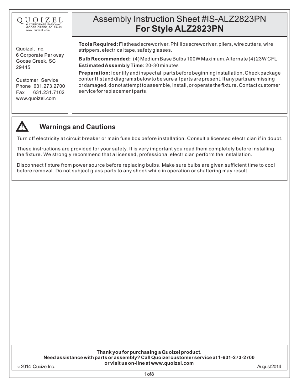 Quoizel ALZ2823PN User Manual | 8 pages