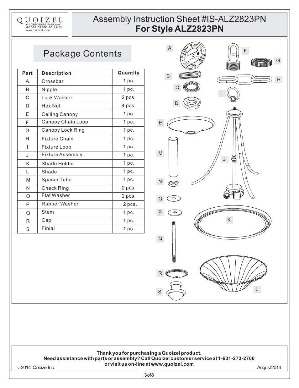 Package contents | Quoizel ALZ2823PN User Manual | Page 3 / 8