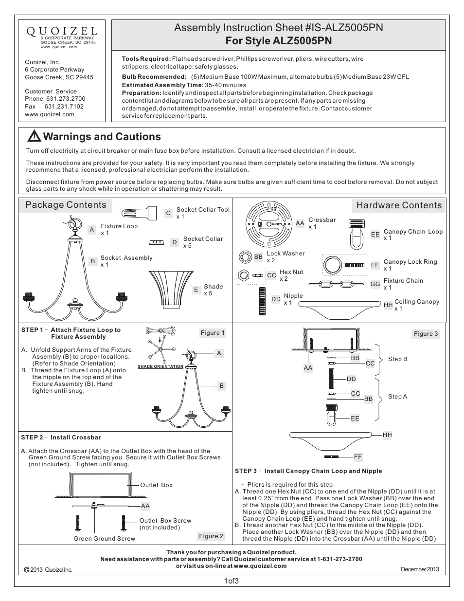 Quoizel ALZ5005PN Aliza User Manual | 3 pages