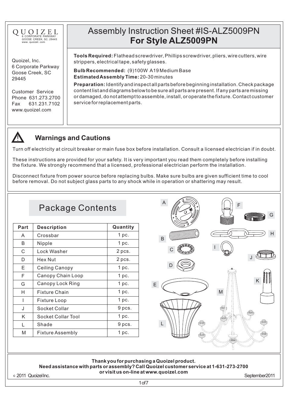 Quoizel ALZ5009PN Aliza User Manual | 7 pages