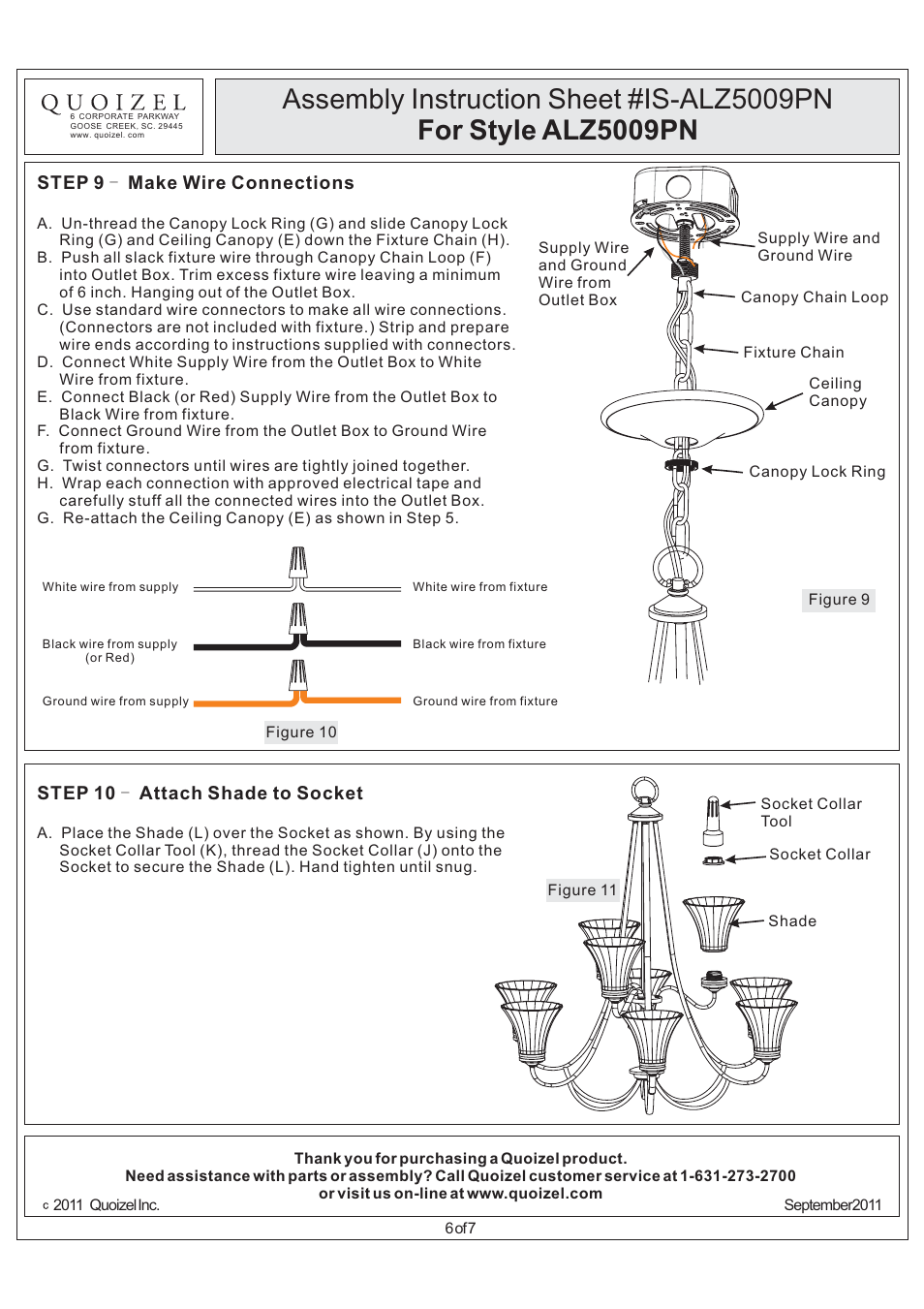 Step 9 - make wire connections, Step 10 attach shade to socket | Quoizel ALZ5009PN Aliza User Manual | Page 6 / 7