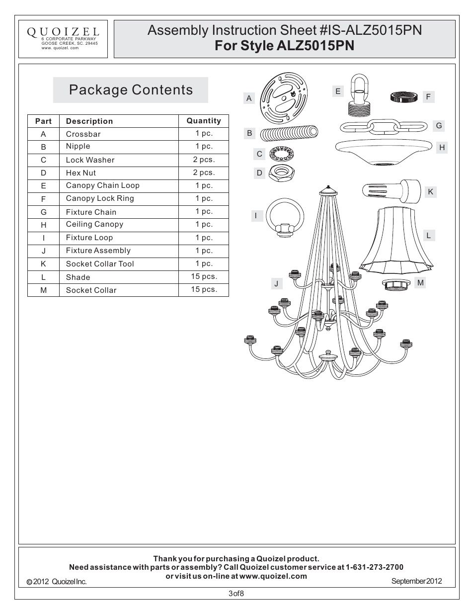 Package contents | Quoizel ALZ5015PN Aliza User Manual | Page 3 / 8