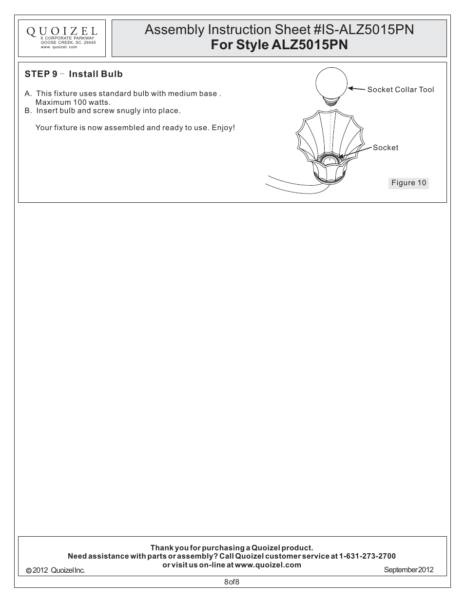 Quoizel ALZ5015PN Aliza User Manual | Page 8 / 8