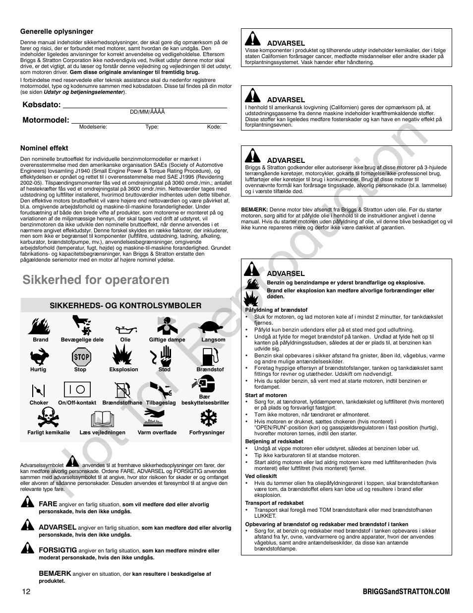 Not for reproduction, Sikkerhed for operatoren, Købsdato: motormodel | Sikkerheds- og kontrolsymboler | Briggs & Stratton 140000 User Manual | Page 12 / 92