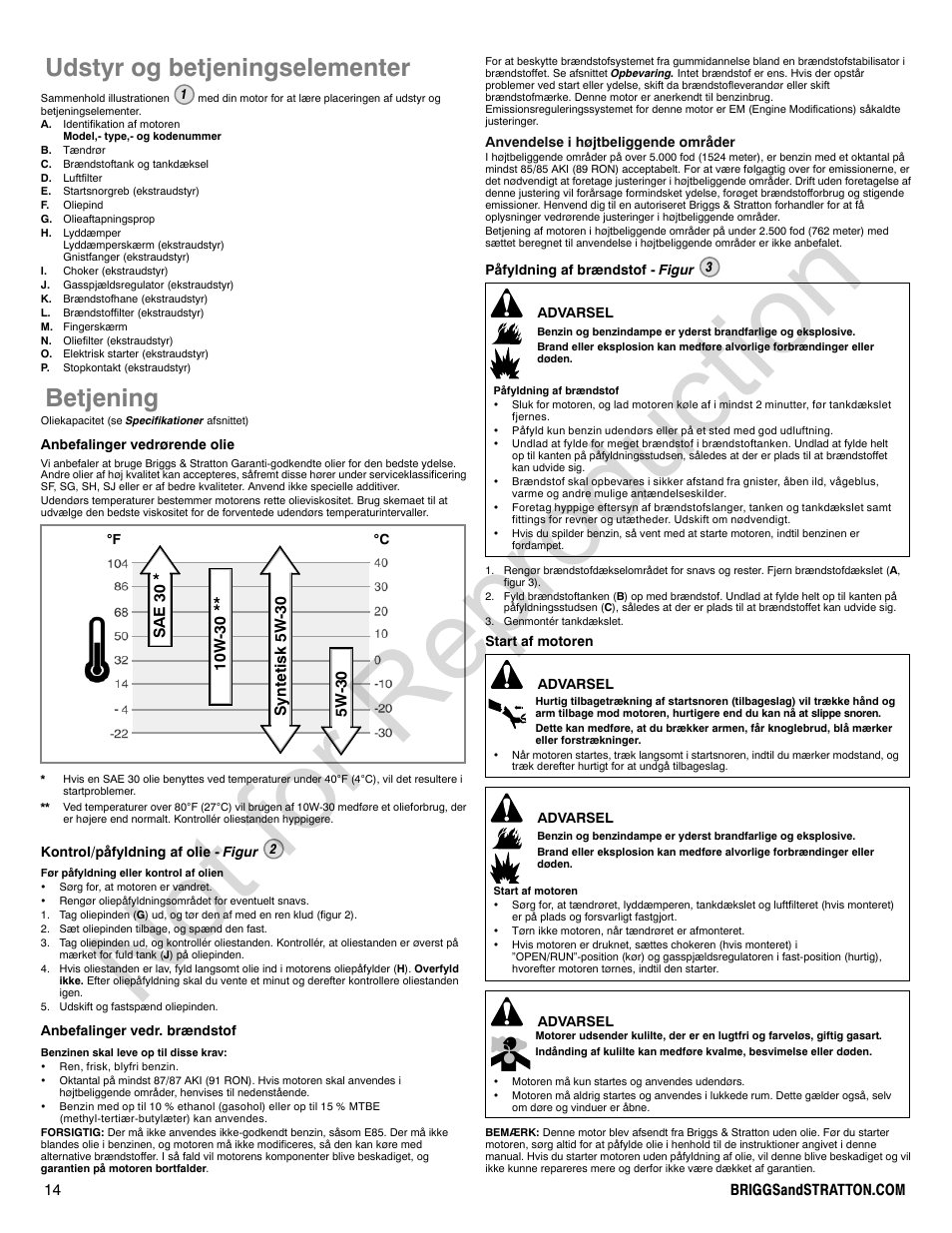 Not for reproduction, Udstyr og betjeningselementer, Betjening | Briggs & Stratton 140000 User Manual | Page 14 / 92