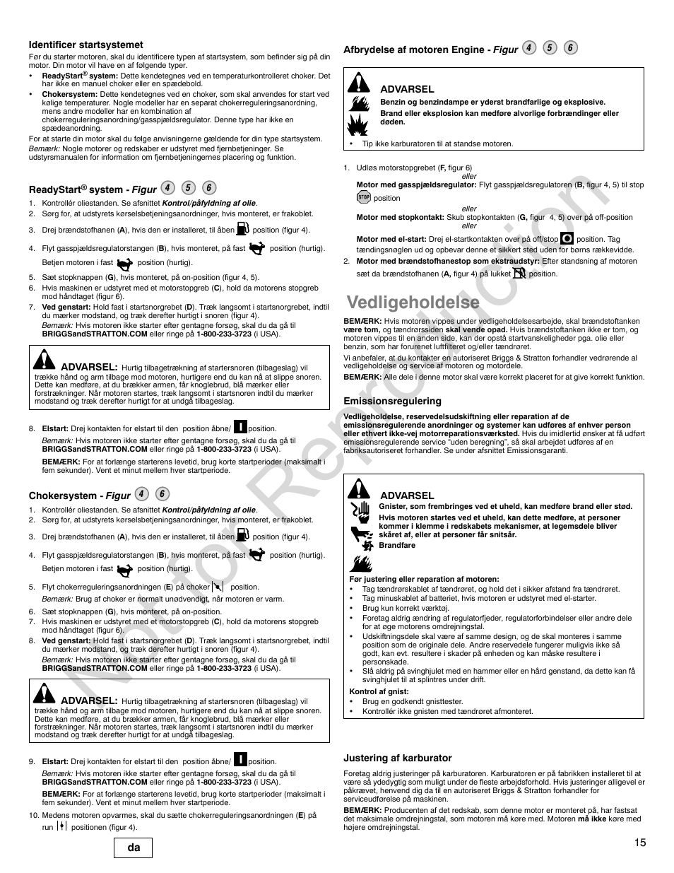 Not for reproduction, Vedligeholdelse, 15 da | Briggs & Stratton 140000 User Manual | Page 15 / 92
