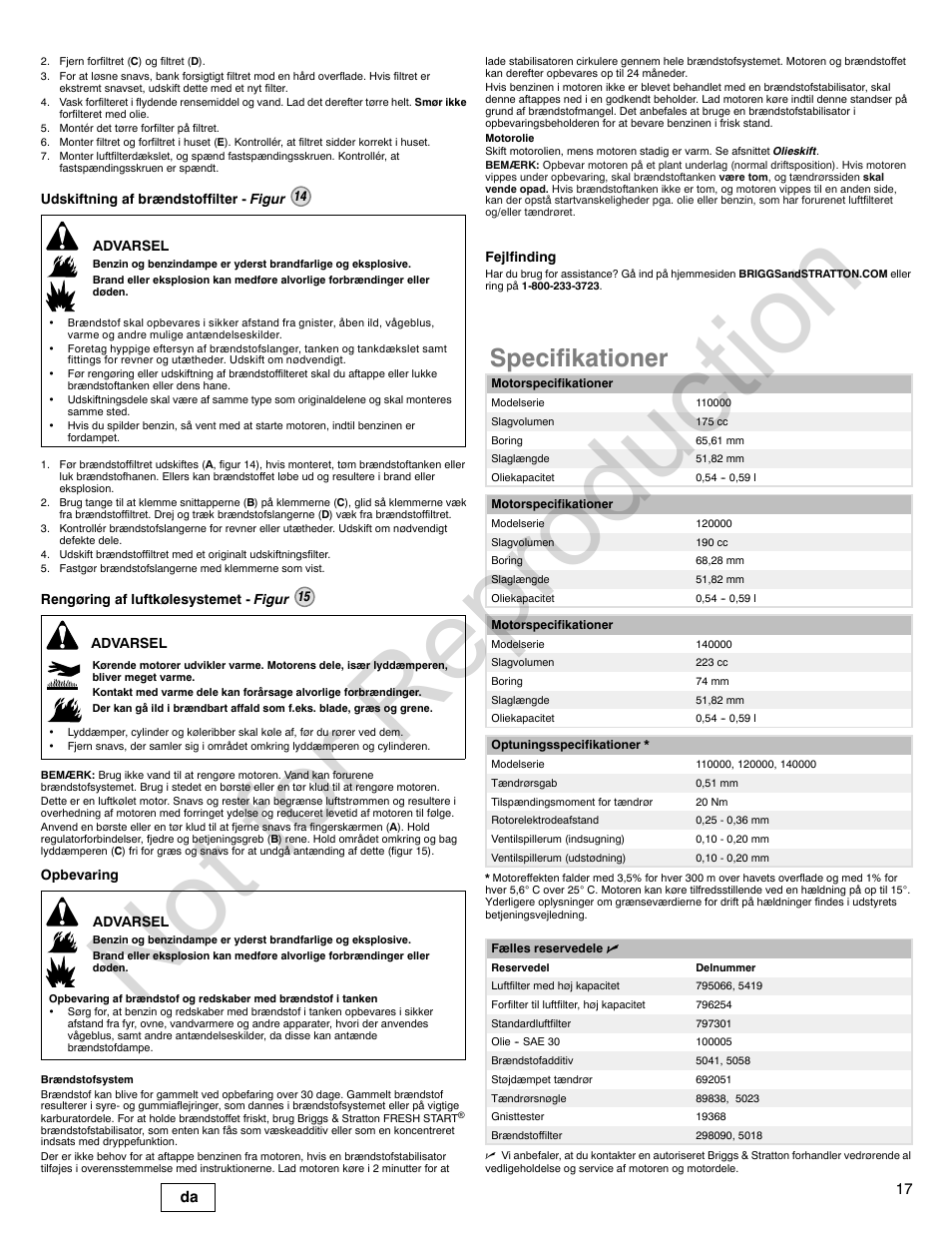 Not for reproduction, Specifikationer, 17 da | Briggs & Stratton 140000 User Manual | Page 17 / 92